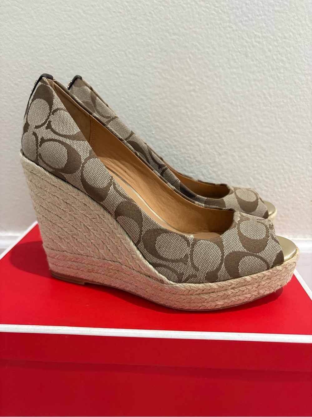 Coach Signature Canvas Peep-Toe Wedge in Beige and Brown